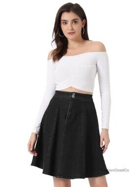 High Waist A-Line Denim Jean Skirt Flared Pleated Casual